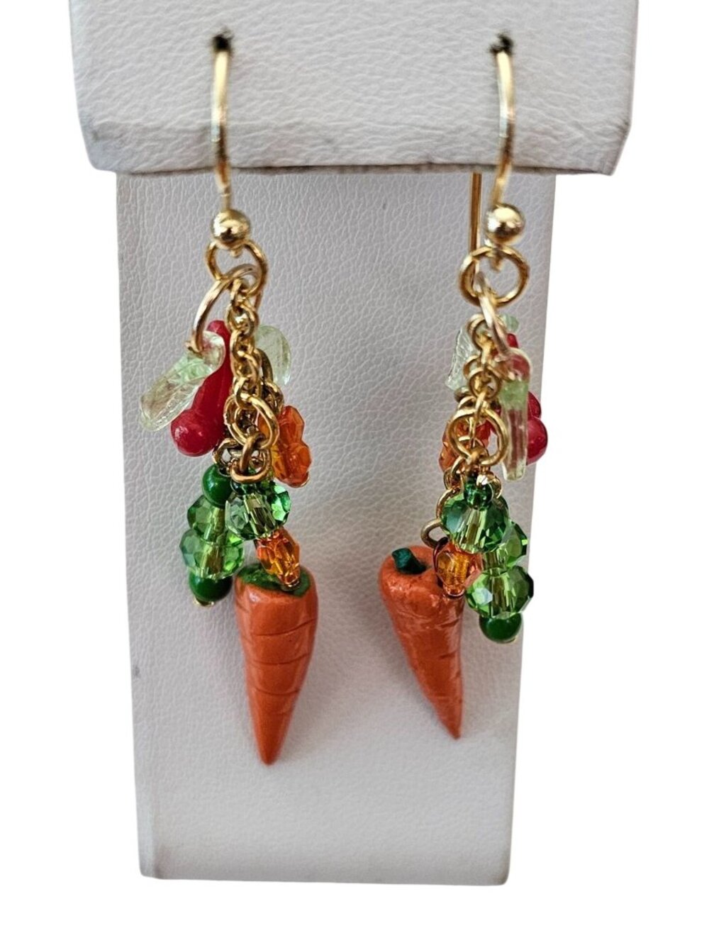 Gold Tone Sterling Hook Carrot Cherries Green Orange Glass Bead Earrings J876